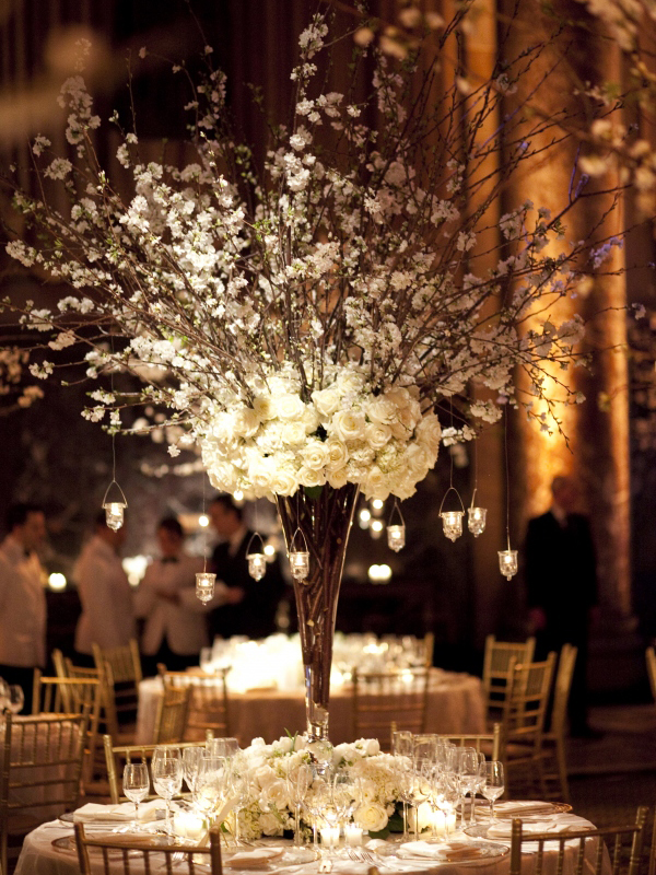 Tall Wedding Centrepieces tall white floral and hanging candle centrepiece1 Absolute Perfection