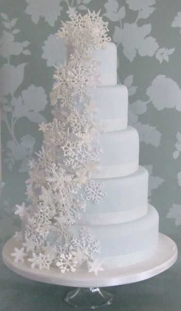 Baby blue cascading snowflakes wedding cake