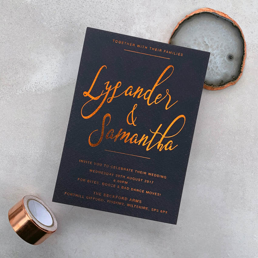 Navy & copper foil wedding stationery