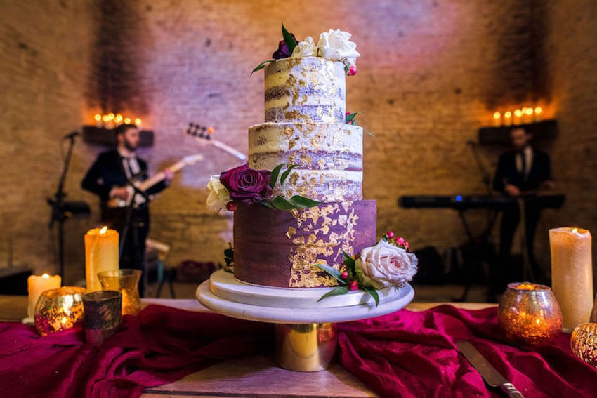 Purple-cream-gold winter wedding cake