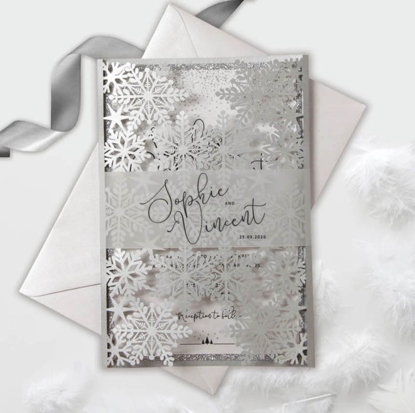 Snowflake laser cut winter wedding invitation