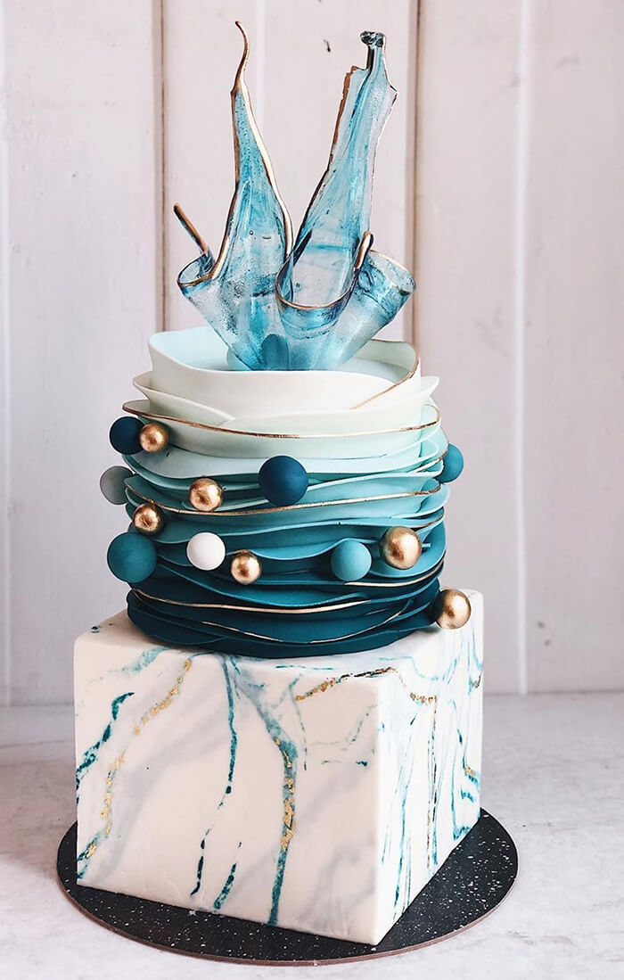 Teal white marble winter wedding cake topper