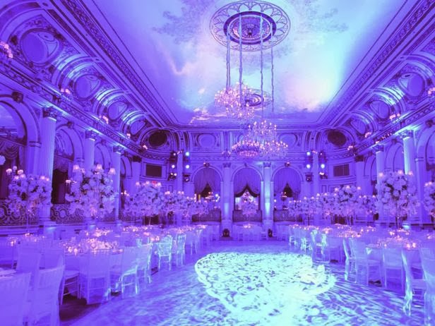 White & lilac icy wedding reception scene