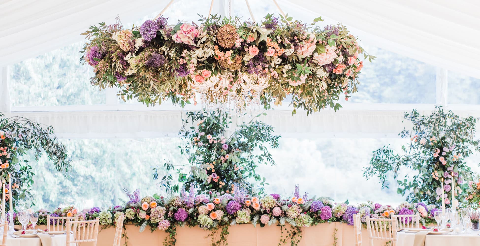 Impressive suspended floral installation, inspired by Bridgerton & the Georgian era