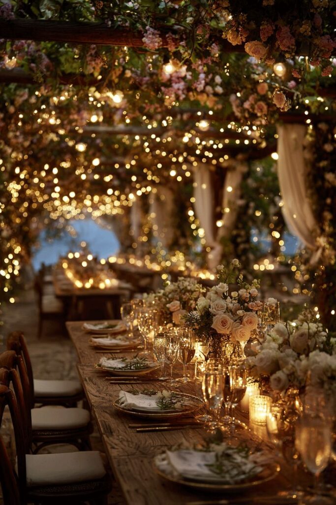 Enchanting outside-in wedding tablescape and magical lighting